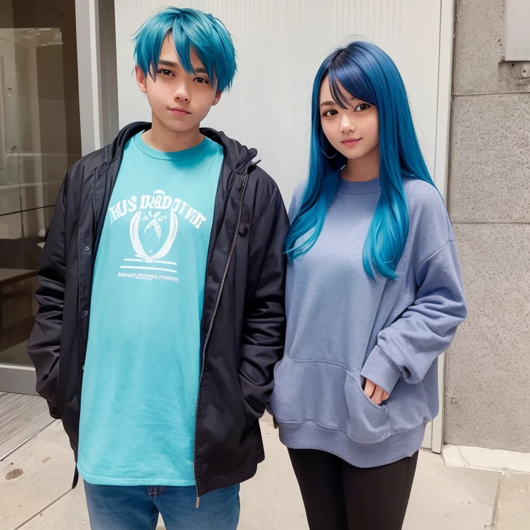 Cute girl and blue haired boy standing next to each other 