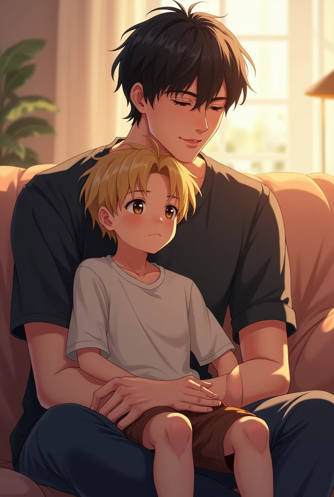 A blonde haired boy sitting on the lap of a tall black haired boy