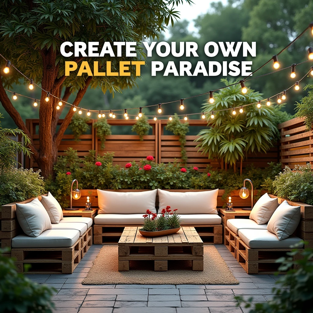 Generate an image of a cozy outdoor seating area made from wooden pallets, nestled in a garden setting. The seating area should feature comfortable cushions, a pallet coffee table with a glass top, and built-in planters overflowing with colorful flowers and greenery. The scene should be surrounded by string lights, creating a warm, inviting ambiance perfect for evening relaxation. In the background, include lush trees and greenery to enhance the natural setting. Add bold, uppercase text at the top that reads ‘CREATE YOUR OWN PALLET PARADISE’ and at the bottom that reads ‘TURN WOOD INTO WONDER,’ using a mix of white and yellow fonts for emphasis.
