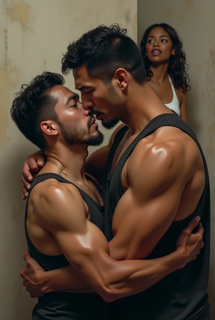couple: one crying muscle dirty pinoy guy in black sando being comforted by a sexy white chinese man wall-eyed.
at the far behind is a black american girl shouting big mouth