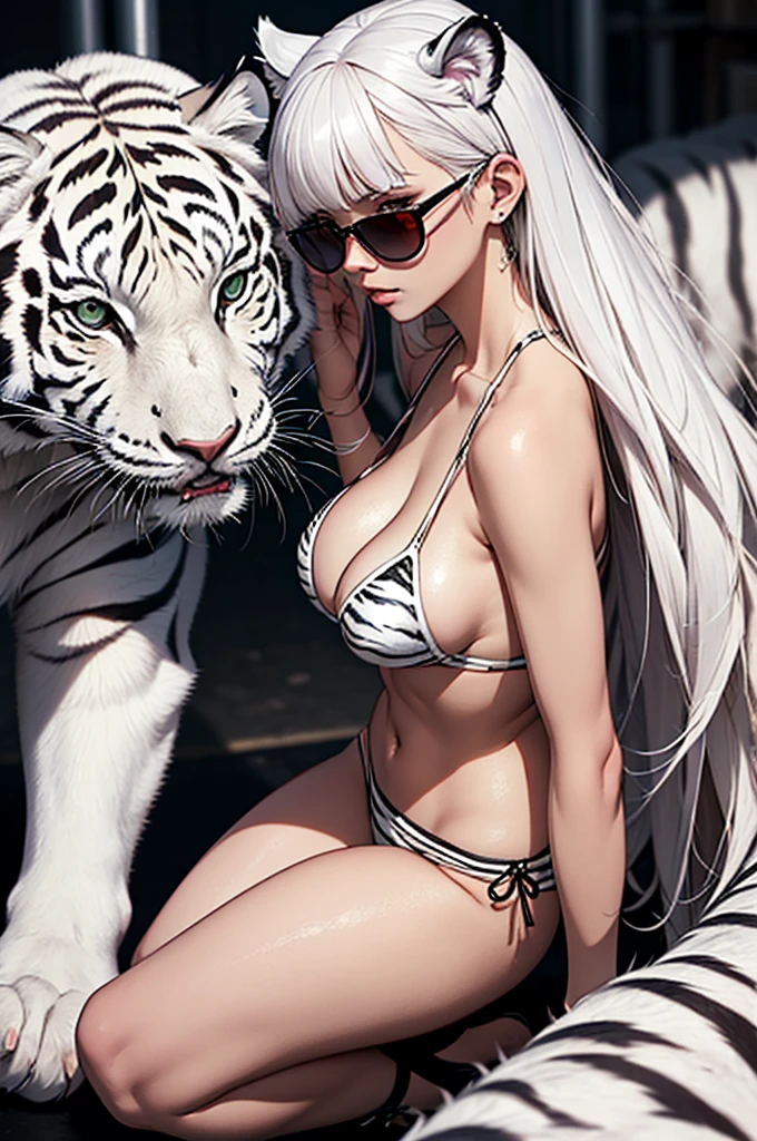 cyber punk, Frank Frazetta style, Perfect composition, One Woman, alone, Mature Woman,White Tiger Theme, Please raise your hand, Please raise your knees, stop temporarily, Low angle close up shot, Strong bloom in the background, Shine, Soft pink edge light, length, spiky white hair, White tiger ears, ((Big tits beauty))White tiger tail, White tiger fur stockings, small Shineing orange sunglasses, White tiger stripes, Perfect hands, High Contrast, Enhanced brightness, Strong top-down lighting,Studded bikini,