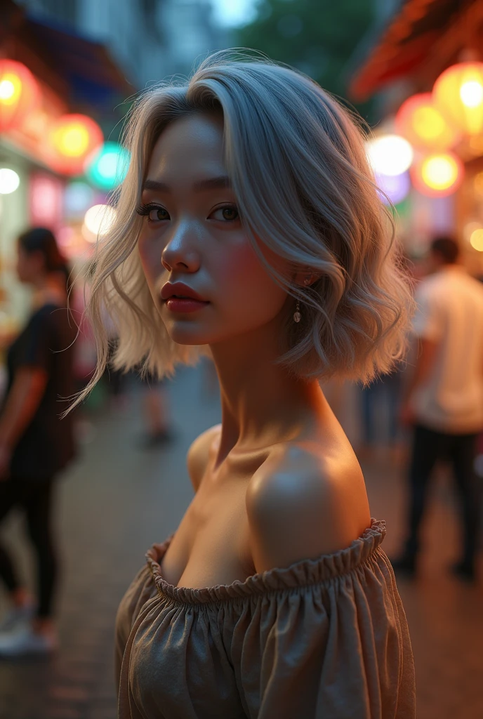 Highest quality, Realistic, 8k, High resolution, 1peopleの女の子, woman,(Skin Dentition), (Large Breasts), (Professional Lighting, Bokeh), (street), (people々, crowd:0.6), market,  (night:1.2),(Gray Hair:2.0), (blouse:1.5), (Portrait:0.6), nice, bloom, (Floating Hair),(Particles of light, Lens flare, Glowing particles:0.6), (Dynamic pose:1.2), Soft lighting,