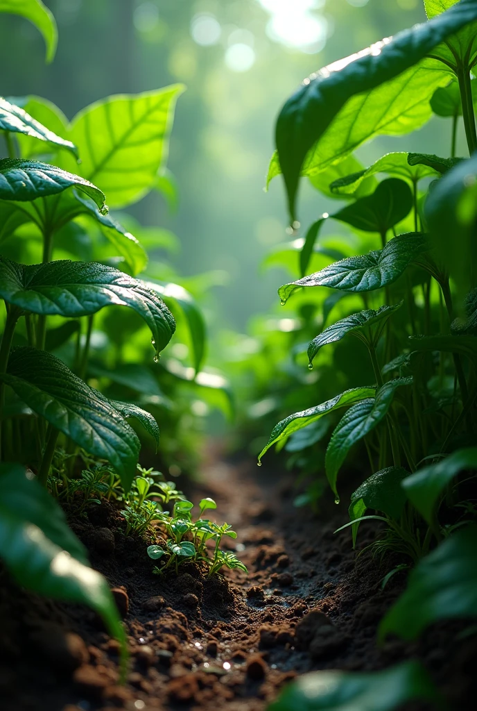 Make a picture of green vegetation with wet leaves and dirt floor