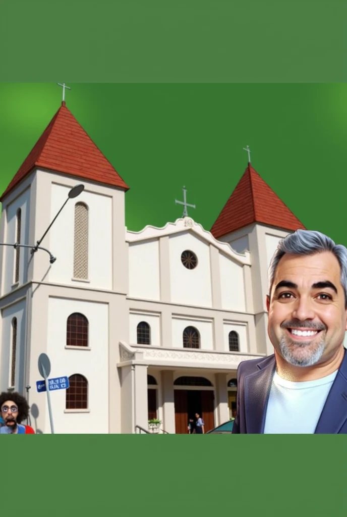 Draw man used in the tip image next to church, disney style image, background with blue sky
