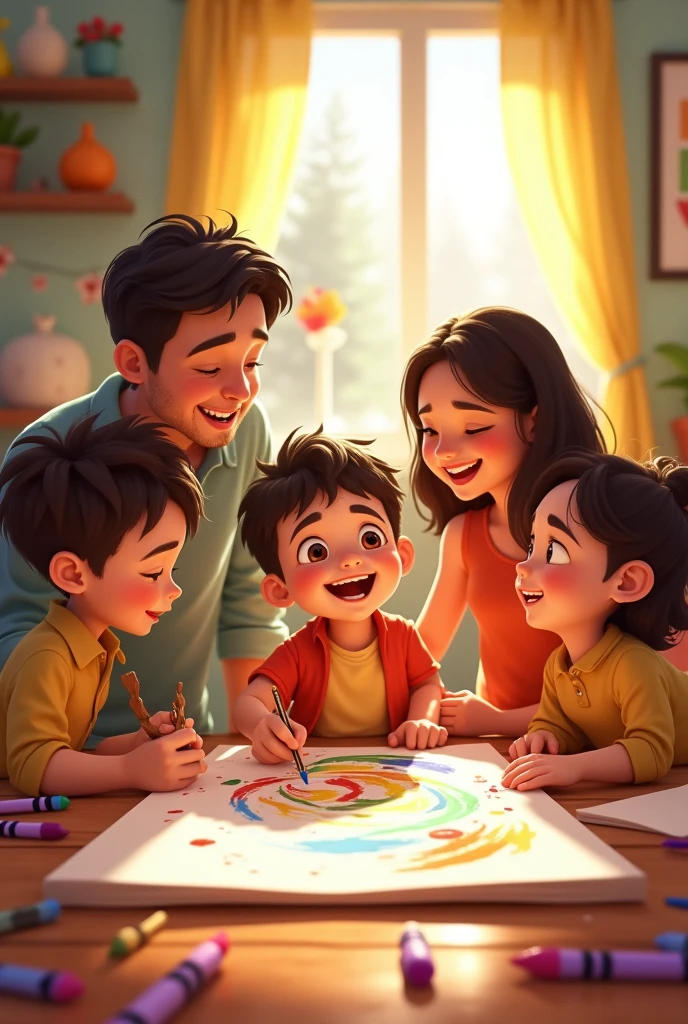 Generate an joyful animated image of a ??? or who is in drawing area of his home with his family