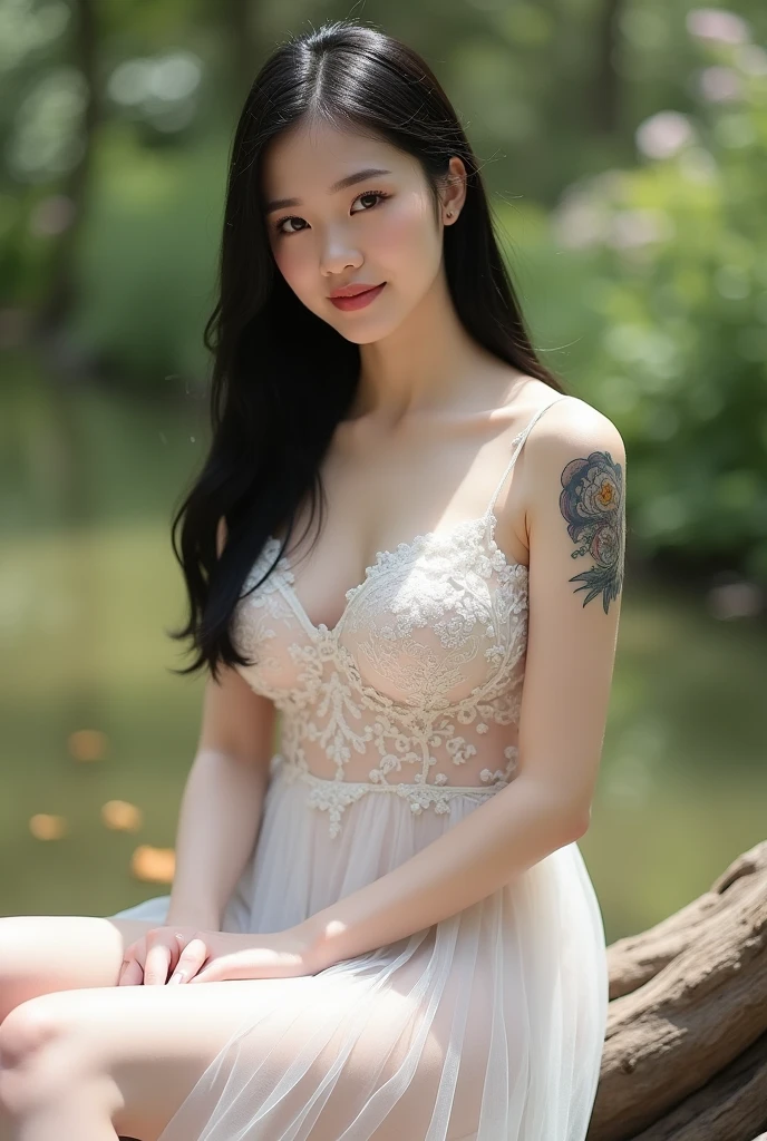 Chinese girl, 2, white skin, shaggy breasts, big breast, happy face, thick body, sexy body, gym body, curvy waist, sunny day, milky white skin, a butterfly tattoo on the shoulder back, a big flower tattoo on the thigh, there is a tatoo says "Thasya" on the arm, sexy transparent bride gown, sitting on the dead wood, in the rose garden, nakeness, full body, beautiful nail arts, showing her white tighs, black hair, straight hair, sexy toe, camera from below, full body from toe to head, full body, see-through black public hair, thick pubic hair