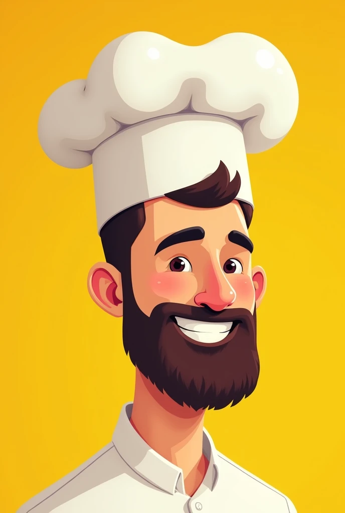 A man with a not very big beard wearing a chef's hat with a yellow background for a cartoon logo