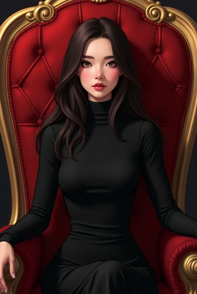 1 Gorgeous 2 woman with a long hair wear a black turtle neck dress sitting in the red royal chair and the 2 hands put in the armchair. Semi animated half human face portrait.