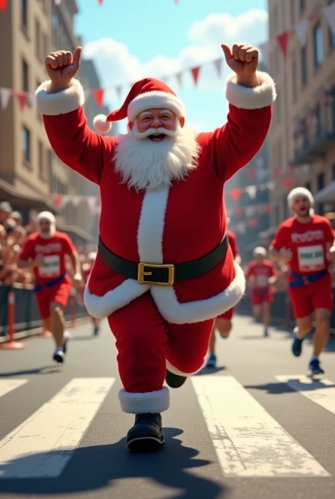 Santa Claus athlete running marathon street race, happy and celebrating