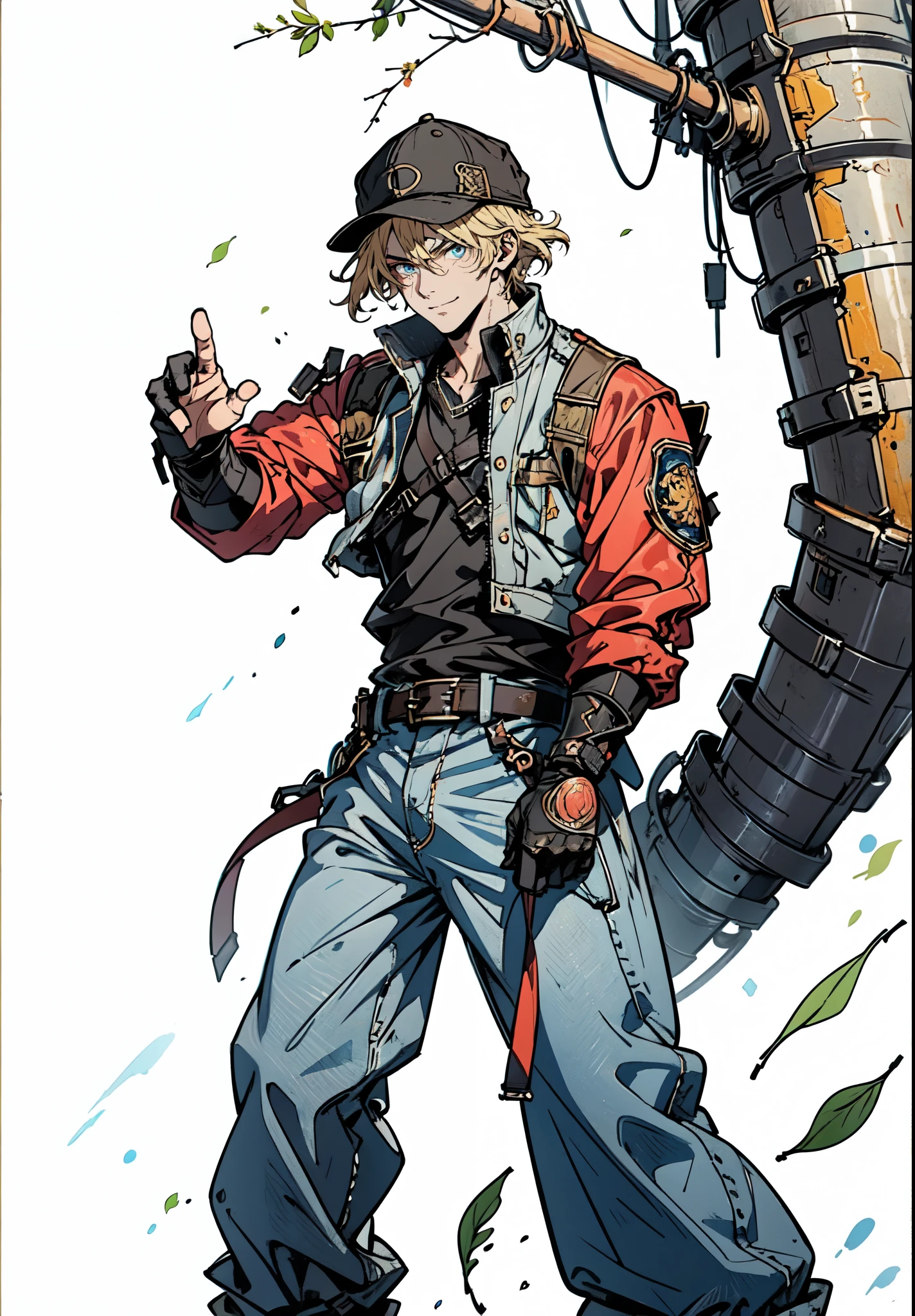 (masterpiece:1.2, best quality:1.2, extremely delicate:1.2), ((male:1.5)), a young man with blonde hair, wearing a red baseball cap backward, messy bangs windblown, a handsome face, a lazy gaze, a confident smile, a fantasy-realism style blue work vest jacket, underneath is a dark blue denim long robe with a long hem, a leather belt, loose coarse cloth trousers, strikes a kung fu pose in a horse stance, as fallen leaves are swept up by a whirlwind around him, this character embodies a finely crafted fantasy-realism style kung fu warrior in anime style, exquisite and mature manga art style, dramatic, high definition, highres, ultra-detailed, ultra-fine painting, professional, perfect body proportions, golden ratio, anatomically correct, symmetrical face, extremely detailed eyes and face, high quality eyes, creativity, RAW photo, UHD, 32k, Natural light, cinematic lighting, (masterpiece-anatomy-perfect:1.2)