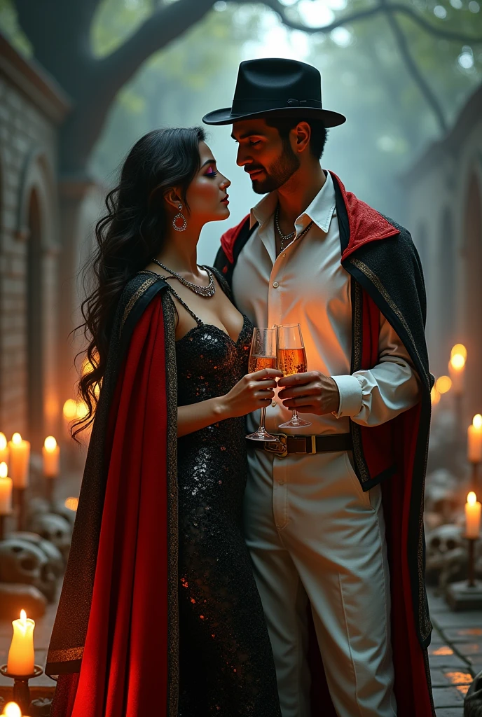 Beautiful woman and man, glitter dress, red and black cape, glass of champagne, candles, cemetery, fire, calaveras, whole body, necklaces, Red eyes, man with an old hat, walking stick, smile , whisky, white men's clothing, Red eyes