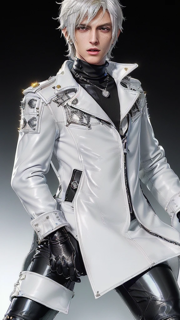 ((Final fantasy taste and reality graphics)), ((Japanese young cute and cool ikemen boy)), his age is early 20s, thin eyebrows and beady eyes, ((((he wearing white color and shining brightly enamel leather thick single-brest jacket)))), ((with epaulet)), ((enamel leather jacket close all zippers)),, ,(( jacket collar is high length stand-up collar with belts)), , (((also wearing black color turtleneck shining brightly enamel leather shirts))), (((tight black and shining brightly enamel leather pants))), ((((shining brightly black enamel leather tight and thin glove)))), ((black color and shining brightly leather knee-high raceup boots)),head-to-toe, whole body, boy looks like fashion model,Do not show skin from the neck down,(((all his clothes are smooth design and very shining))),(((Avoid adding unnecessary decorations to your clothes))),(((all clothes is simple design and texture)))
