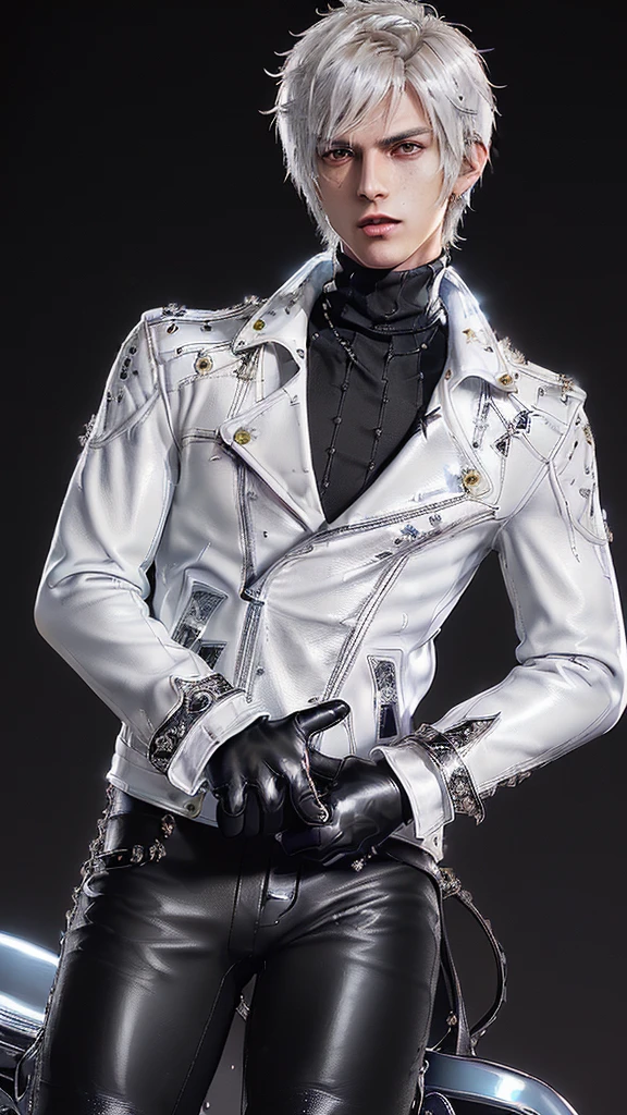 ((Final fantasy taste and reality graphics)), ((Japanese young cute and cool ikemen  boy)), his age is early 20s, thin eyebrows and beady eyes,  ((((he wearing white color and  shining brightly enamel leather thick single-brest  jacket)))), ((with epaulet)), ((enamel leather jacket close all zippers)),, ,(( jacket collar is high length stand-up collar with belts)), , (((also wearing black color turtleneck shining brightly enamel leather shirts))),  (((tight black and shining brightly enamel leather pants))), ((((shining brightly black enamel leather tight and thin glove)))), ((black color and shining brightly leather knee-high raceup boots)),head-to-toe, whole body, boy looks like fashion model,Do not show skin from the neck down,(((all his clothes are smooth design and very shining))),(((Avoid adding unnecessary decorations to your clothes)))