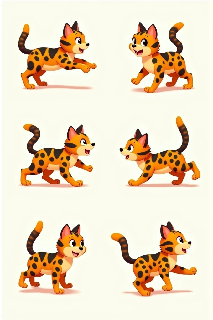 An animated cat in different angles that has black and yellow spots