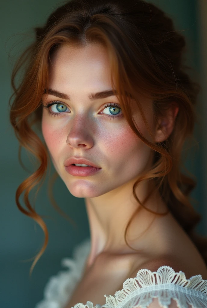 A woman with curly hair and blue eyes