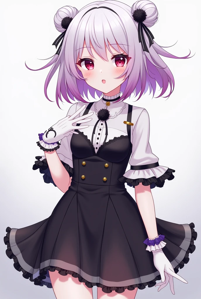 Girl with white hair that fades to purple with short hair with two buns as a hairstyle on the top of her head and the rest of her hair loose. Her eyes are wine-colored with pink with the clothes of 2b from Nier Automata, a black dress with white details. A mole under her right eye that is noticeable in a short black dress., which is decorated with black feathers on the sleeves and white gloves with black finishes and other accessories that allude to lolita fashion ​ Under her skirt, She wears a white leotard