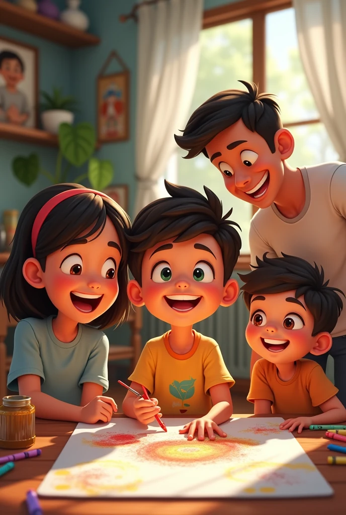 Generate an joyful animated image of a kid or  who is in drawing area of his home with his family 