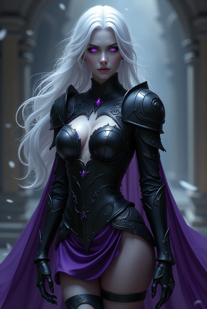 Beautiful drow girl, dark grey skin, white hair, large breasts, black plate armor, purple eyes, short purple skirt.