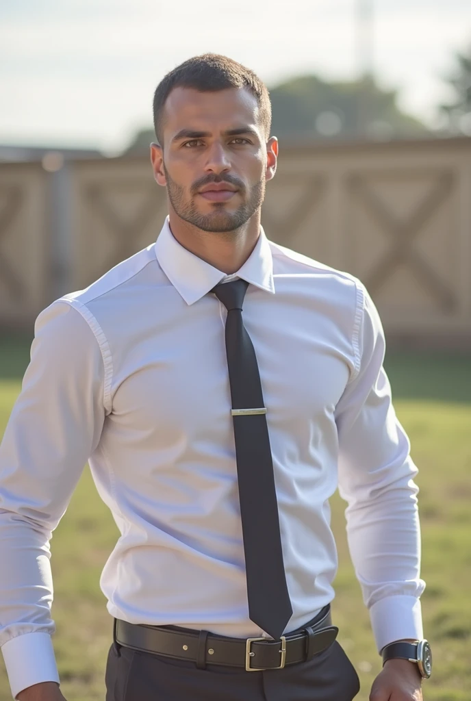 "a candid, highly realistic image of a light-skinned Brazilian man with short, trimmed brown hair and brown eyes. He is dressed in a uniform, consisting of black, tight-fitting tailored trousers, that accentuate her bulge and figure and black stockings, black dress shoes, and a white short-sleeved shirt buttoned into the pants. The man has a shaved face, no mustache or beard, and displays firm arms. He is standing at the entrance of a condominium with a serious expression and a touch of sensuality in his eyes.. The scene captures him in a wide shot with natural textures and realistic lighting.. The image is editorial style. Aspect ratio: vertical."
