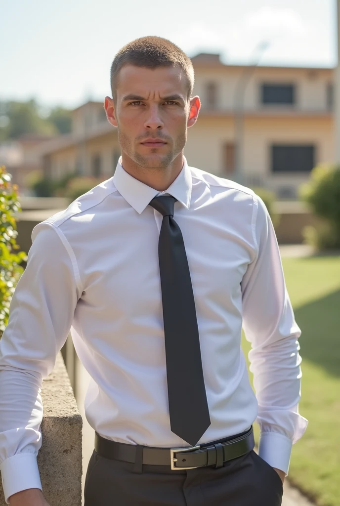 "a candid, highly realistic image of a light-skinned Brazilian man with short, trimmed brown hair and brown eyes. He is dressed in a uniform, consisting of black, tight-fitting tailored trousers, that accentuate her bulge and figure and black stockings, black dress shoes, and a white short-sleeved shirt buttoned into the pants. The man has a shaved face, no mustache or beard, and displays firm arms. He is standing at the entrance of a condominium with a serious expression and a touch of sensuality in his eyes.. The scene captures him in a wide shot with natural textures and realistic lighting.. The image is editorial style. Aspect ratio: vertical."
