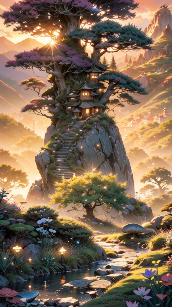 a futuristic small low pod home in a beautiful japanese garden, fairytale view with dramatic mountain range, rocks plants flowers shrubs bushes trees moss lawns grass mushrooms,colourful sunset and strong sunbeams,very hazy,extreme details,photorealistic,4k,HD,beautiful,nature, dreamy, low shot,ground level photo, good luminosity, high ambience