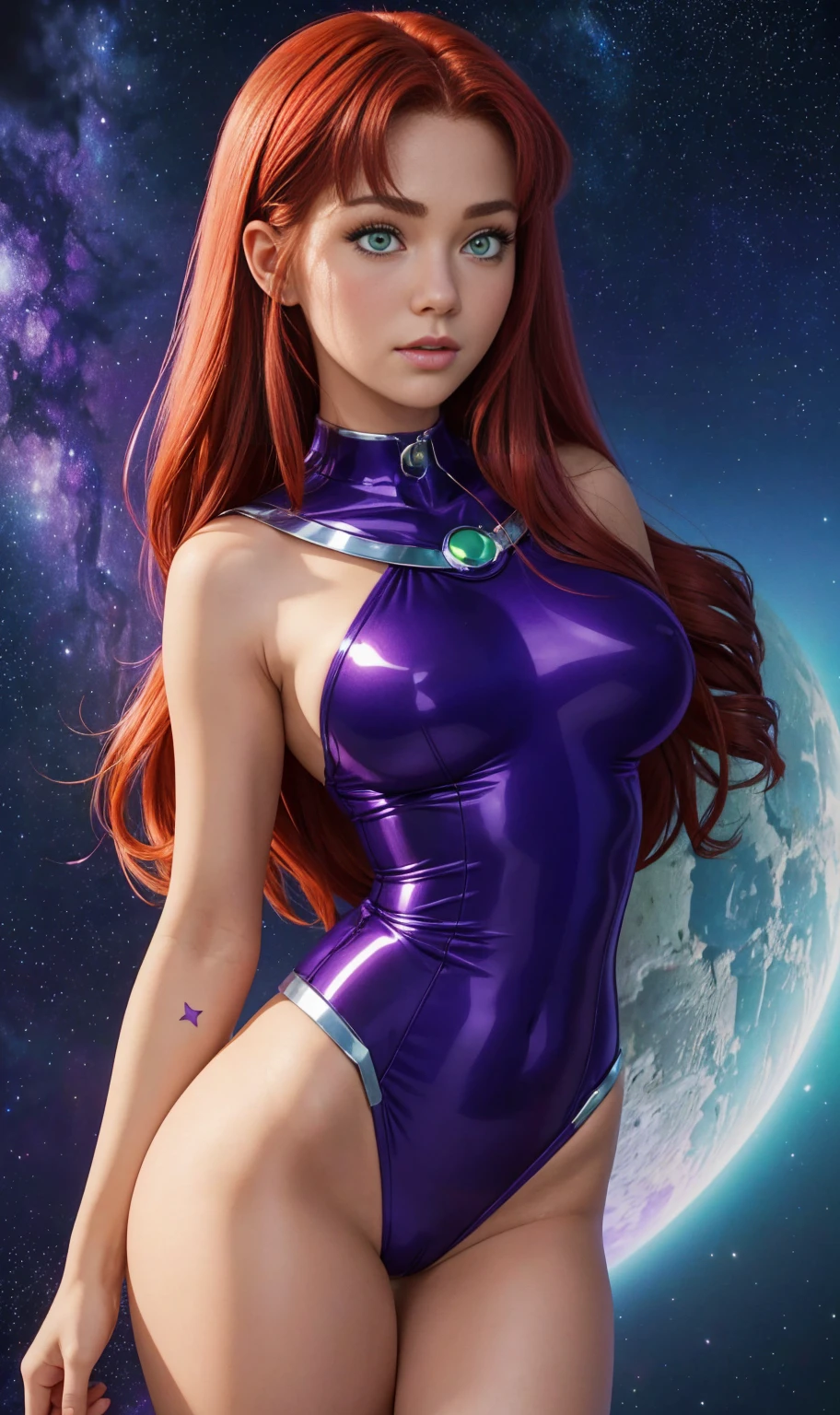Starfire titans plow super thick boobs、very red hair, green eyes、8k, 4k, Of the highest quality, High resolution: 1.2),flicker、an exposed breast、cute anime face、pink blush on the cheeks.、noise removal,very close to the screen. (((her perfect body)))(((purple outfit )))(((in the background space with many stars she flying )))