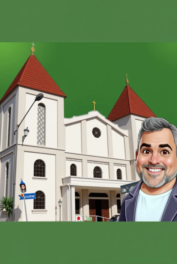 Draw man used in the tip image next to church, disney style image, background with blue sky  