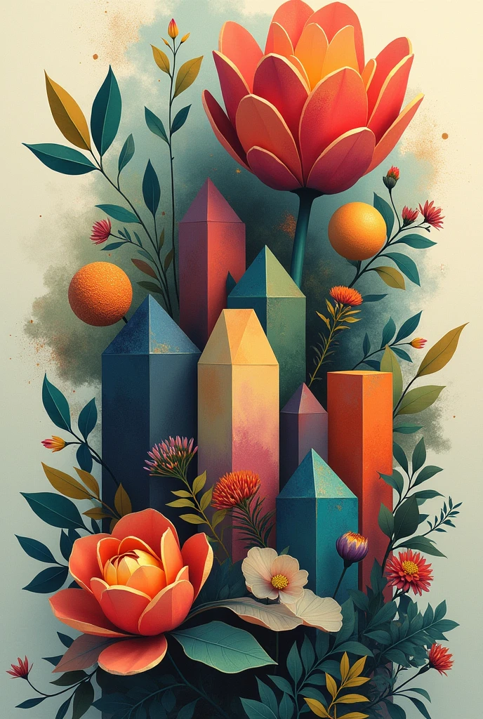 Create a composition with geometric figures inspired by nature with colors 