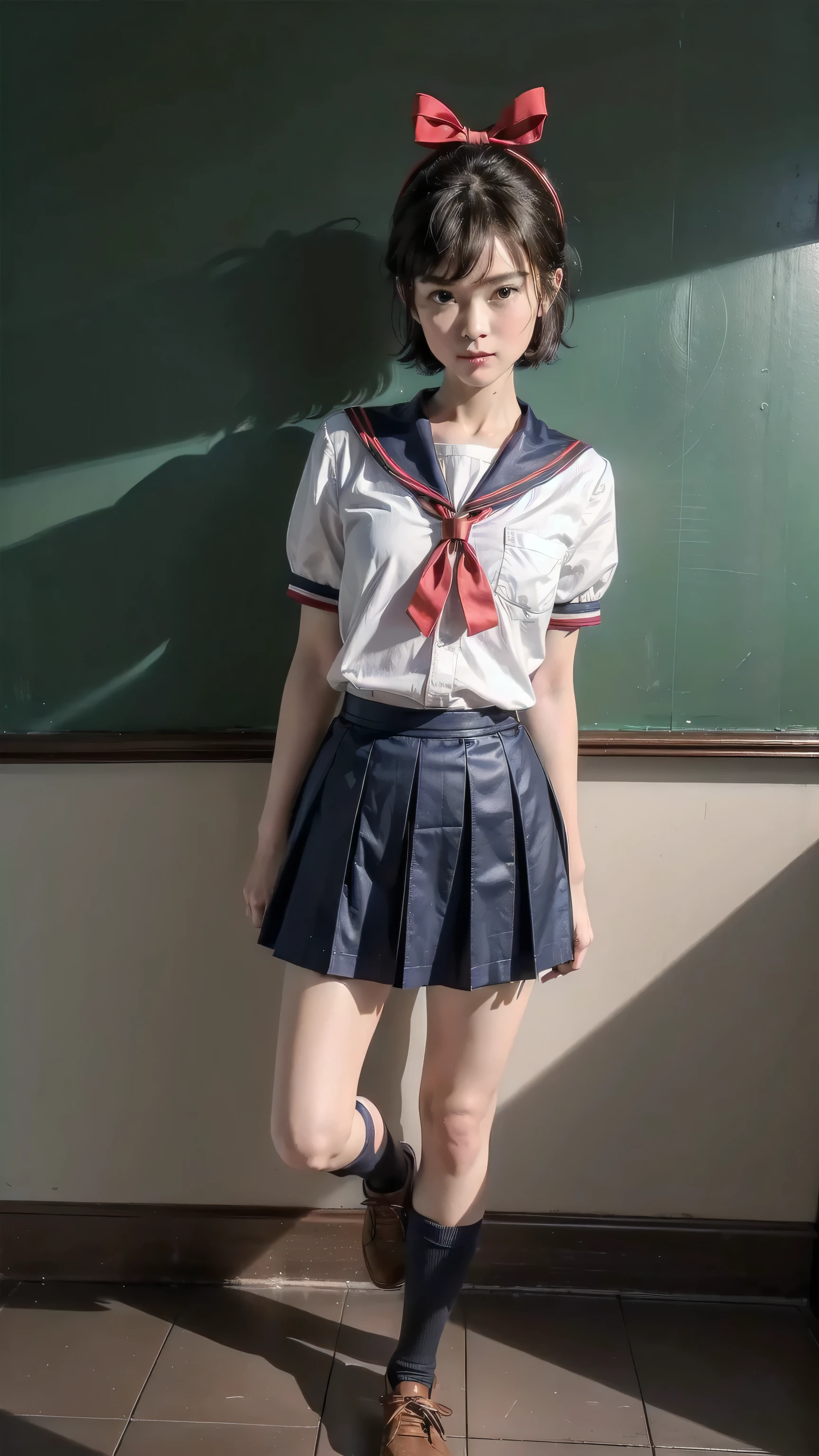 ((top quality, ultra-detailed, high resolution, extremely detailed CG, unity 8k wallpaper, by famous artist, perfect anatomy, super detailed skin, cinematic lighting, UHD, retina, anatomically correct, 1080P)), (Please draw a single one happy girl walking in a classroom school:1.3), a junior high school student, ((cute petit girl, chibi, babyface)) androgynous charm, ((1girl)), (( face:2.0), smile, ((Kiki)), ((short hair)), ((brown hair)), ((black eyes)), ((hair bow)), ((black dress)), ((brown footwear)), ((very thin legs)), ((skinny legs, thin body, small build)), Full limbs, complete fingers, ((perfect fingers and hands)), flat chest, small breasts, ((childish body:1.3)), small butt, groin, ((sailor school uniform)), ((blue skirt)). ((white blouse)), ((red bow on the blouse)), ((blue sailor collar)), short sleeves, stockings, socks outlined with black stripe, shoes, (Detailed Lighting), ((classroom background)), (Detailed scenary background), ((in the school zone)), full body view, ((standing)), legs. Cute, kawaii single girl (one girl), full body shot. ((Background is the school)), front body, ((A natural, correctly proportioned hands)), ((little girl))