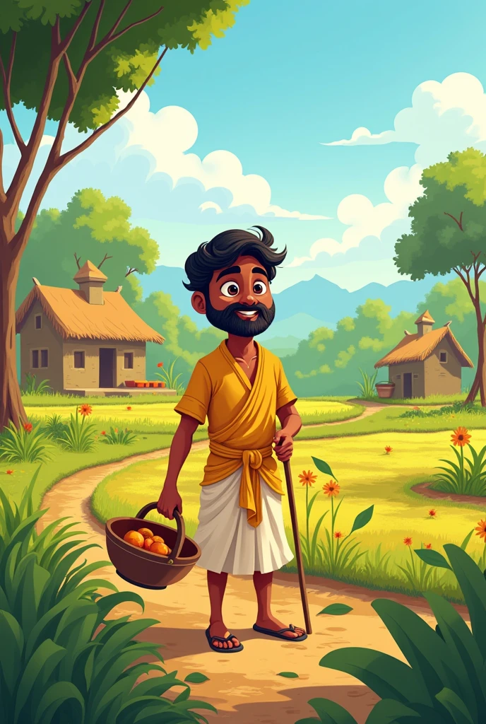 Create cartoon staly "
1. **Ramu Working in the Fields:** A simple, hardworking farmer named Ramu, wearing traditional Indian clothes, plowing his field in a small rural village under the bright morning sun with lush green fields in the background.
2. **Ramu’s Family:** Ramu sitting with his wife and two children outside their humble thatched house, a small cooking fire nearby. The scene shows a peaceful rural life with trees and birds in the background.
3. **The Drought:** A dry, cracked field with a worried Ramu standing in the middle, looking at the sky. Dark, dry clouds are scattered above with no signs of rain, the earth barren, and crops wilting.
4. **Destroyed Crops:** Ramu inspecting the damaged crops, bending over in sorrow. The once green plants have turned brown and dried up, showing the aftermath of a failed harvest due to lack of rain.
5. **Talking to the Elder Farmer:** Ramu having a conversation with an old, wise farmer under the shade of a large tree. The elder farmer, wearing traditional white clothes, is giving advice, while Ramu listens with hope in his eyes.
6. **Ramu Planning for Next Year:** Ramu sketching out a plan for his next crop season on a piece of paper, with a determined look on his face. In the background, farming tools and sacks of seeds are visible.
7. **Building a Water Pond:** Ramu and a few villagers digging a water pond near his fields. The ground is rough, but they are working together, showing the effort to conserve water.
8. **Rainfall and Fresh Crops:** Rain finally falling over Ramu's field, with him looking up and smiling. His crops, now green and thriving, are swaying gently in the rain, symbolizing hope and revival.
9. **Harvest Time:** Ramu and his family harvesting golden crops with bright smiles on their faces. The lush fields are full of ripe grains, and the atmosphere is filled with joy and satisfaction.
10. **Family Celebration:** Ramu, his wife, and their children sitting around a meal they are sharing, w
