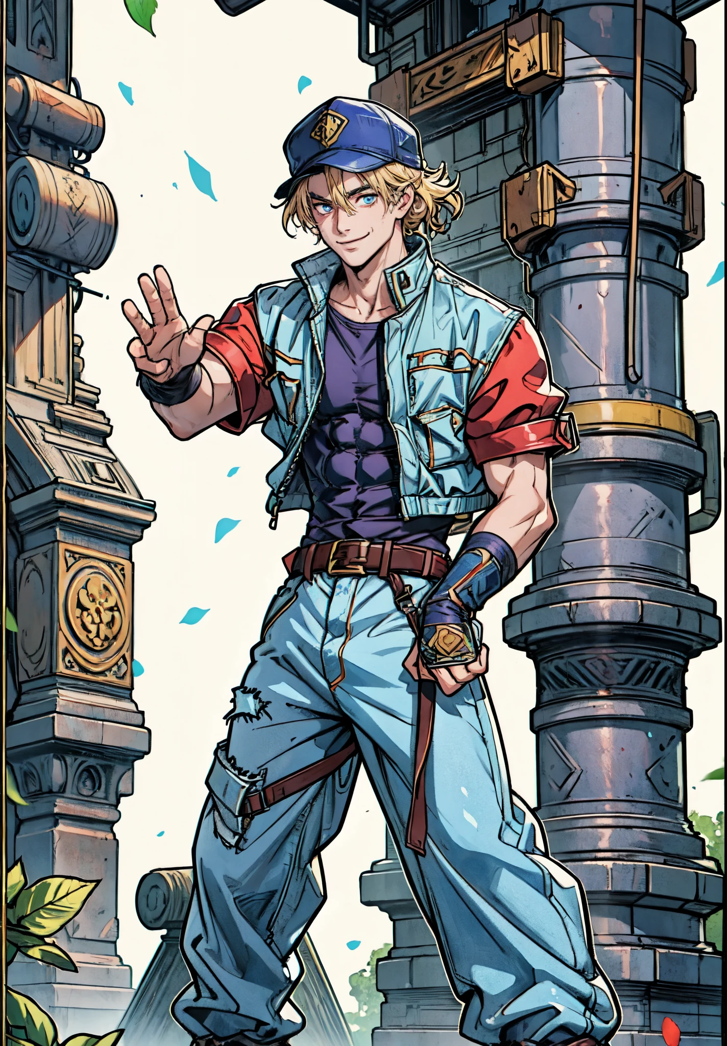 (masterpiece:1.2, best quality:1.2, extremely delicate:1.2), ((male:1.5)), a young man with blonde hair, wearing a red baseball cap backward, messy bangs windblown, a handsome face, a lazy gaze, a confident smile, a fantasy-realism style blue work vest jacket, underneath is a dark blue denim long robe with a long hem, a leather belt, loose coarse cloth trousers, strikes a kung fu pose in a horse stance, as fallen leaves are swept up by a whirlwind around him, this character embodies a finely crafted fantasy-realism style kung fu warrior in anime style, exquisite and mature manga art style, dramatic, high definition, highres, ultra-detailed, ultra-fine painting, professional, perfect body proportions, golden ratio, anatomically correct, symmetrical face, extremely detailed eyes and face, high quality eyes, creativity, RAW photo, UHD, 32k, Natural light, cinematic lighting, (masterpiece-anatomy-perfect:1.2)