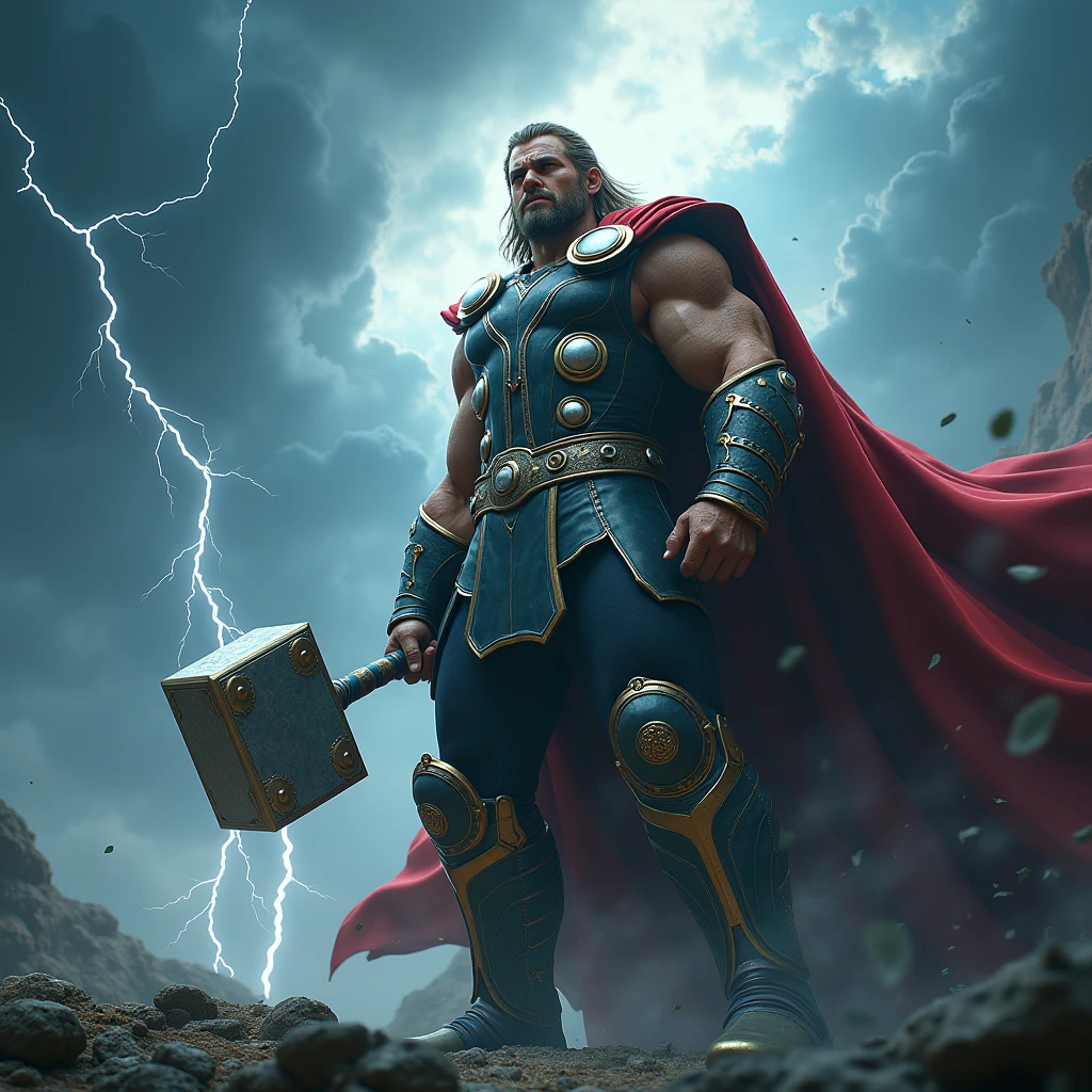 Thor, a mighty god wielding his hammer, Norse mythology, dressed in battle armor with lightning surrounding him, Asgard, defending the cosmos from chaos, with dark clouds and lightning in the sky, wide-angle shot, hyper-realistic, photo realism, cinematography --ar 1:1