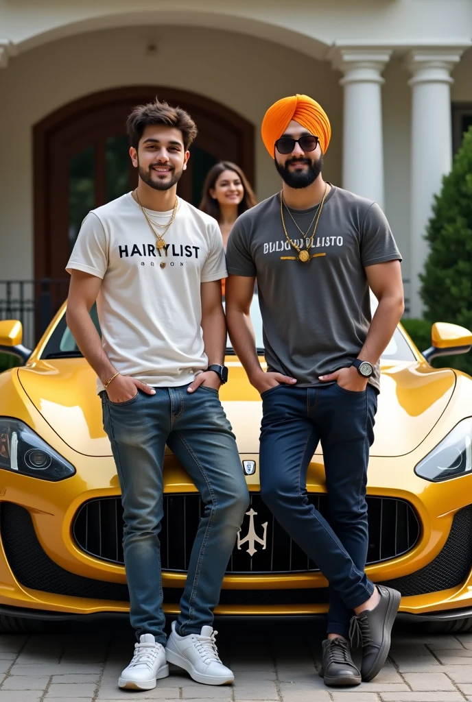Two real 18yearold boy  friends one boy sardar and second boy cutting hair, are standing leaning against a golden super luxury car, and all three are wearing different , red, and "black shirts and black pants, and all two have different names on their t-shirts.It is written"G,"S, the  the shoulders of both of them and all three have a watch, sunglasses, he is very handsome, headphone, smiling, strong boys,a beautiful person in the background There is a house and real image
