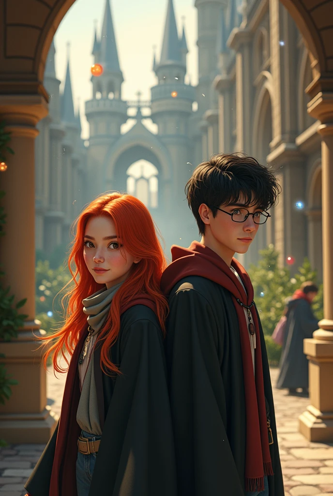 Young redheaded woman next to a young man with black hair and glasses at a magic academy in a fantasy world
