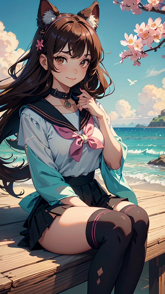 masterpiece, high quality, standing, 1_women, (upper body), (((looking at viewer))), (bright brownhair), long length hair, cute bangs, flowing hair, (exotic skin_complexion:1.4),mature, tall, diamond shaped eyes, (((brown eyes))), dark_eyeliner, long_eyelashes), beautiful, exotic, elegant, (((sailor collar))), black thigh highs, medium bust,, pink and teal Lolita style skirt, knee high heel with laces, natural dynamic lighting, ((smirking)), lolita, sakura bright sky,cat ears, butterflies, brown hair, sitting down, beach, hair bows
