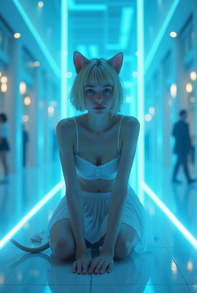 (photorealism:1.2), beautiful woman, swedish, blonde,sad, pensive, assistant, pleated skirt, hite underwear, 18yo, corporate lobby, white floor and ceiling, blue lighting, hologram, projection,looking at camera, short hair, cat ears, cat tail, crouching