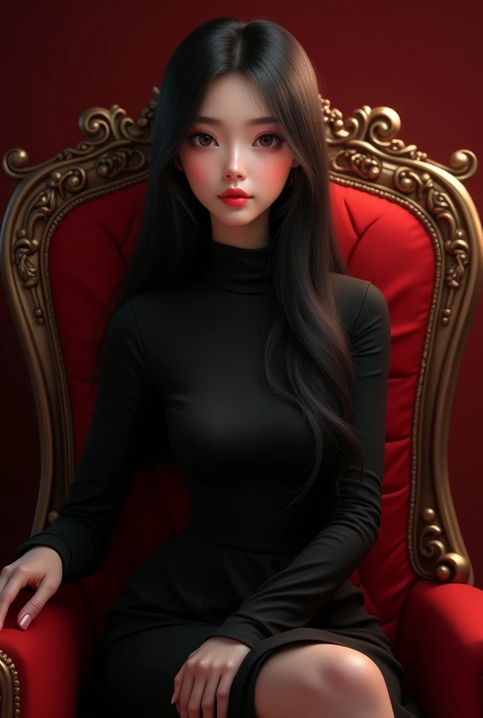 1 Gorgeous 2 woman with a long hair wear a black turtle neck dress sitting in the red royal chair and the 2 hands put in the armchair. Semi animated half human face portrait.