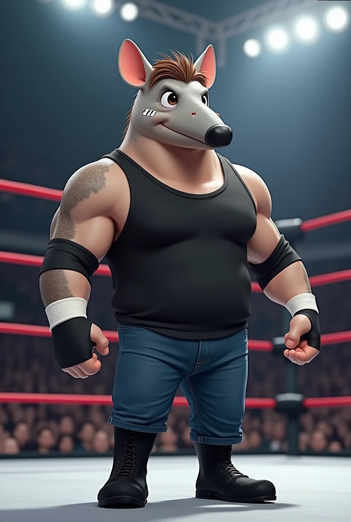 Cartoon Gazelle dressed like WWE wrestler One Man Gang.
Cartoon Gazelle body. Cartoon Gazelle head. Cartoon Gazelle face. Cartoon Gazelle arms. Cartoon Gazelle hands.
Fat. Black Sunglasses.
Black Mohawk Ponytail. Thin Black mustache. Bushy black beard.
Black MMA gloves. Black elbow pads. Black T-shirt shirt with white skull and crossbones on right sleeve. Black wrestling pants. Sleeveless Bluejean jacket. Black kneepads. Black wrestling boots.
Standing in a wrestling ring.