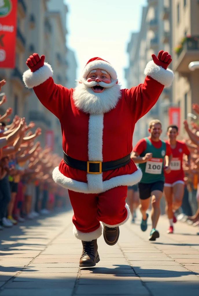 Santa Claus athlete running marathon street race, happy and celebrating