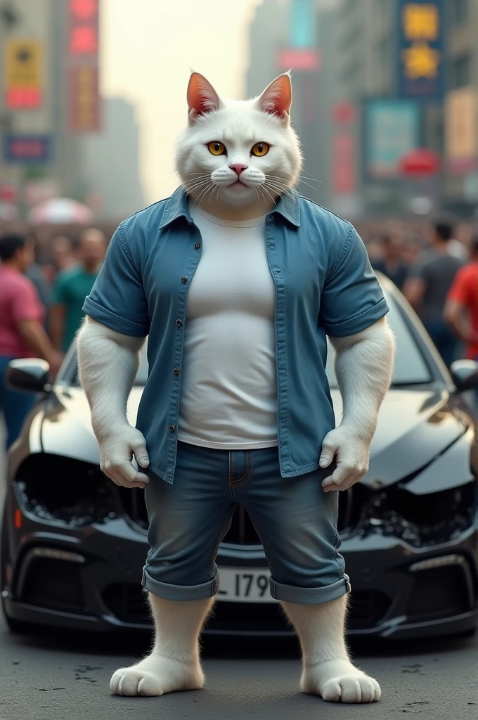 Ek white muscular cat jisne white t-shirts and blue shirt pehni h uska black car accident ho gya seen road ka h jha bhut sare log h