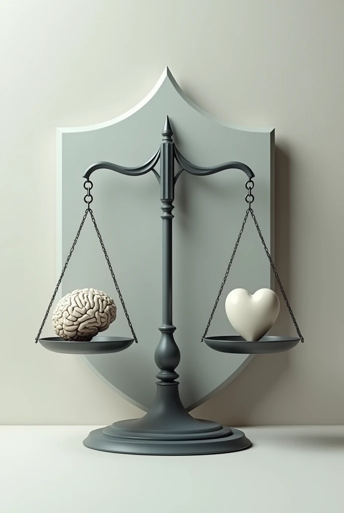 A shield with a scale inside. On the scale at each end there is a brain, and at its other end a heart, Which represents the emotions