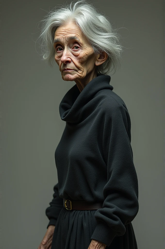 Thin old lady, height of 1.60, with small black eyes, short gray hair,