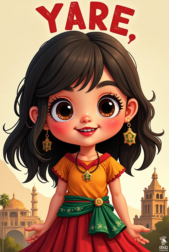 A cartoon of a girl with dark brown eyes,Lips painted strawberry red,shoulder length wavy hair dark brown color,fringe on each side,that says the name Yare in capital letters, dressed as a Mexican, below the girl with an image related to the independence of Mexico