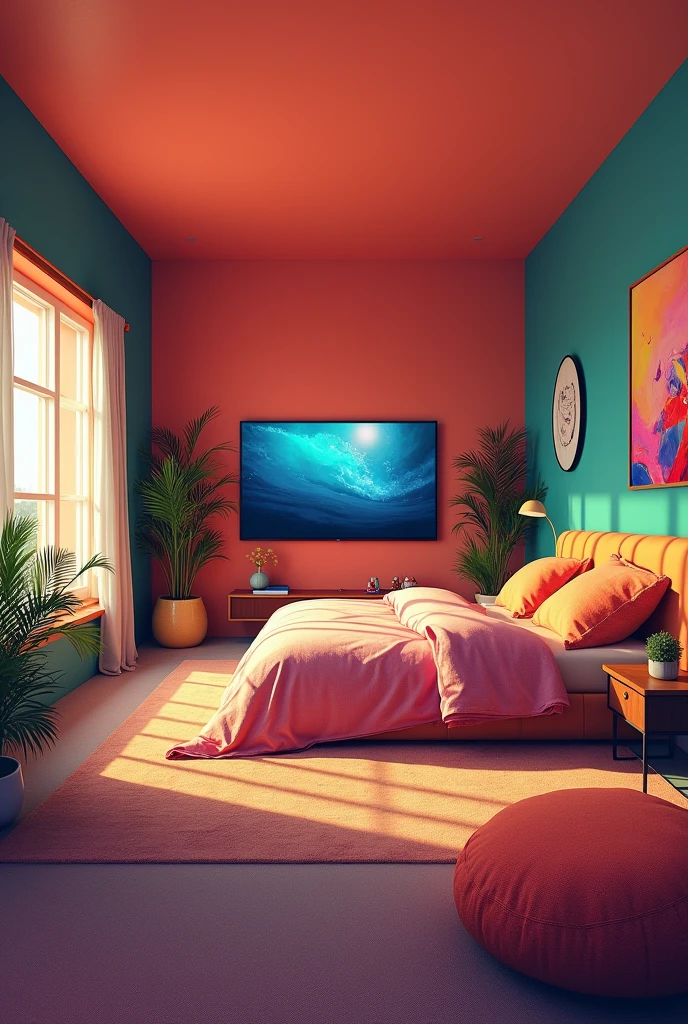 A room painted with many colors, A very comfortable bed and a 50-inch TV, very spacious
