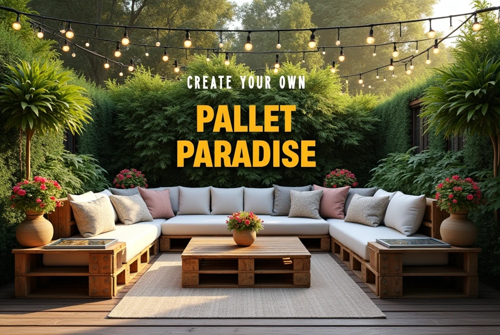 Generate an image of a cozy outdoor seating area made from wooden pallets, nestled in a garden setting. The seating area should feature comfortable cushions, a pallet coffee table with a glass top, and built-in planters overflowing with colorful flowers and greenery. The scene should be surrounded by string lights, creating a warm, inviting ambiance perfect for evening relaxation. In the background, include lush trees and greenery to enhance the natural setting. Add bold, uppercase text at the top that reads ‘CREATE YOUR OWN PALLET PARADISE’ and at the bottom that reads ‘TURN WOOD INTO WONDER,’ using a mix of white and yellow fonts for emphasis.
