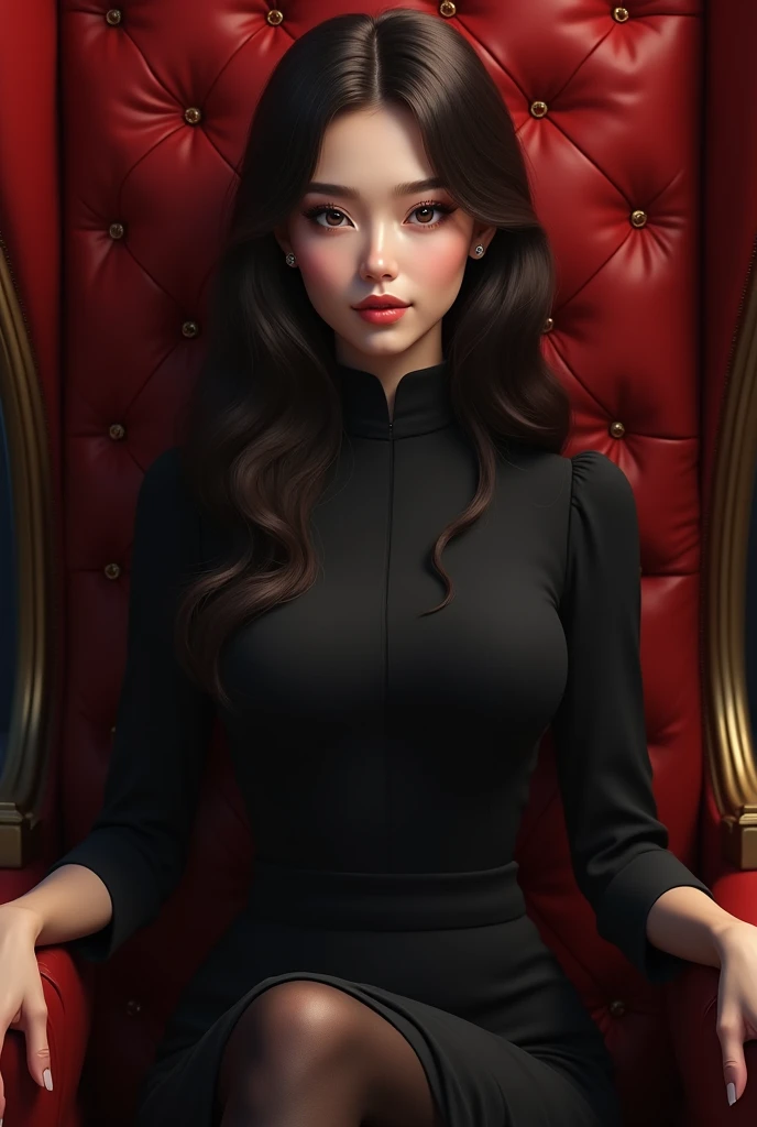 1 Gorgeous 2 woman with a long hair wear a black turtle neck dress sitting in the red royal chair and the 2 hands put in the armchair. Semi animated half human face portrait.