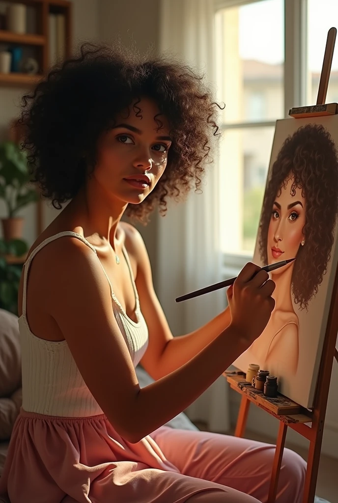 (photorealism: 1.2), beautiful woman, sitting sideways, focused and concentrated, painting a picture, brush in hand, furniture with paints next to her, wearing a light feminine casual look, arafa woman with curly hair, face partially hidden, tanned Ameera al taweel, imaan hammam, beautiful latin face, beautiful beautiful woman, she has dark brown skin, beautiful woman, flawless brown skin, beautiful mexican, the most beautiful woman in the world, beautiful tanned mexican, jaw-dropping beauty, image quality Photoshop , sitting on a stool, in a frontal position concentrated painting, soft lighting, environment with natural sunlight, cozy room, woman sitting in front of a painting on an easel, in the painting being painted oil painting style, realistic painting style, realistic self portrait painting, realistic oil paint, realistic painting, super realistic painting style, realistic self portrait with oil painting, painting style, realistic oil painting, realistic style watercolor painting, realism art style, beautiful painting, colorful portrait, unfinished painting, painting a self portrait in the frame, with an intentional and important sensual look when painting a picture, realistic, intricate details, warm colors, by Greg Rutkowski, by Alphonse Mucha