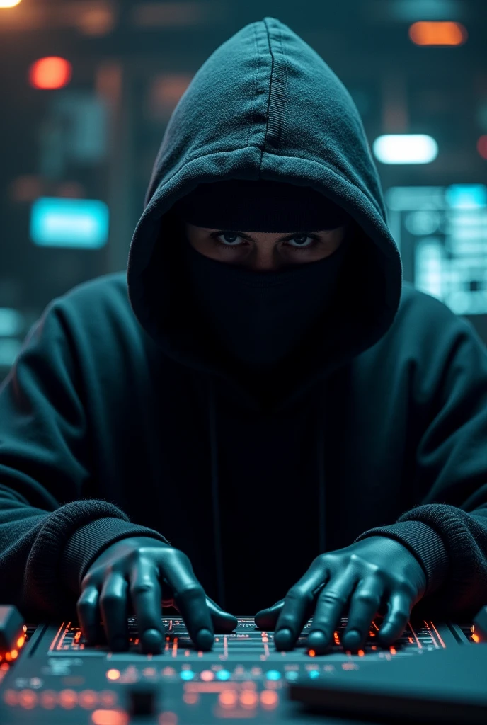 Hacker man wearing a hood and black sweater with his face covered while holding technological devices with gloves and a mask