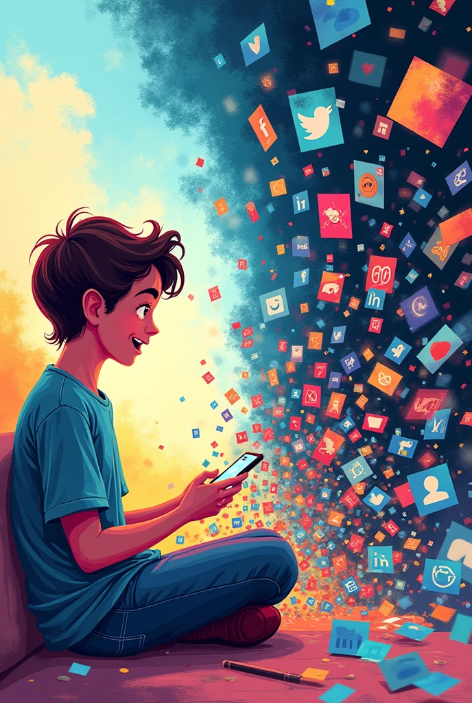 A fun image divided into 2 sections showing rapid evolution: First, a person connecting with friends on social networks, then sinking into an avalanche of notifications, And finally, laughing at a meme