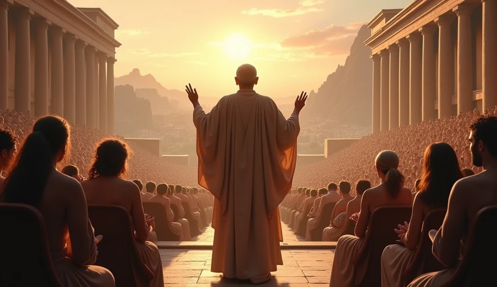 Ancient philosopher thanking an audience for listening to him
